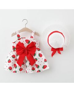 Summer New Baby Girls Dress Halter Bow + Hat Birthday Gift Dress Strawberry Print Sweet Princess Dress Casual Dress