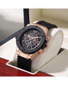Black Silicone Mens Hand 46mm Hollowed Out Large Dial Rose Gold Fashionable Military Style Original Quartz Movement Sports Watch