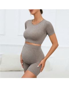 Women's Maternity 2 Piece Seamless Short Sleeve Crop Top Legging Sets Workout Casual