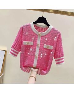 Contrast Ice Silk Thin Tops Tees Summer New Short Sleeve Striped Loose All-match Casual T Shirts Vintage Fashion Women Clothing