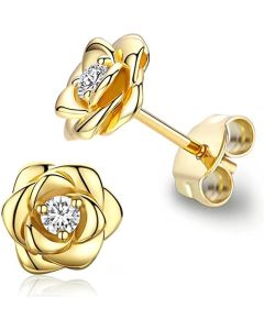 Huitan Exquisite Rose Stud Earrings for Women Luxury Sparkling Cubic Zirconia Temperament Sweet Flower Earrings Fashion Jewelry