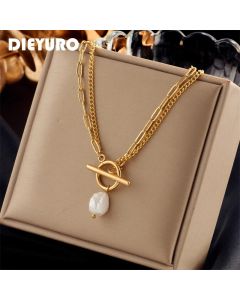 DIEYURO 316L Stainless Steel OT Clasp Large Pearl Pendant Necklace For Women New Girls 2-Layer Chain Jewelry Party Gifts Bijoux