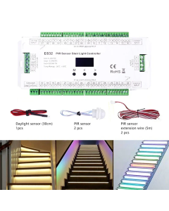 ES32 Stairs Led Light Controller PIR Sensor 32CH Single Color 2CH RGB Pixel SPI LED Strip Dimmer Sensor Stair Light Controller