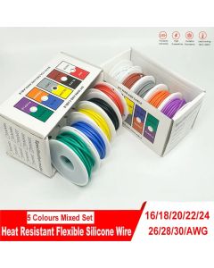 Heat Resistant Flexible Silicone Wire 30AWG 28AWG 26AWG 24 22  20AWG 18AWG 16AWG Stranded Tinned Copper Wire, 5 Colour Mixed Set