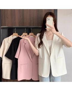White Short-sleeved Blazer Jacket Women Summer Chic Single Button Notched Collar Outwear Ladies Korean Loose Office Suit Coat
