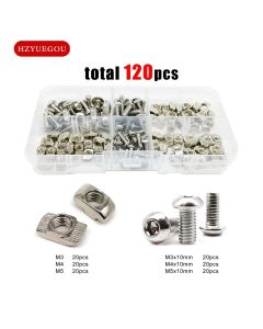 120pcs/box T Shape Hammer Block Sliding Nut Screw M3 M4 M5 Kit Set for 20 Series Aluminum Profile Extrusion Slot Window Track