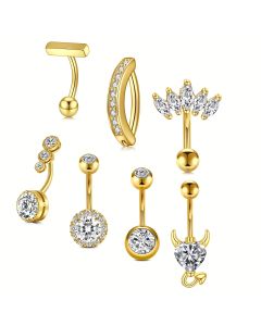 Golden Belly Button Rings Pack, Stainless Steel 10mm Heart Flower Zircon Crystal Navel Hoops Clicker Belly Piercing Jewelry