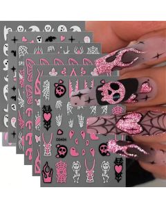 Pink Glitter Powder Skull Halloween 3D Nail Sticker 10X8cm Ghost Bat Spider Web Style Nail Decals DIY Winter Manicure Decoration