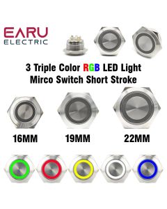 16/19/22mm 3 Triple Color RGB LED Light Mirco Switch Short Stroke Momentary Self-reset Waterproof Metal Push Button Switch Power