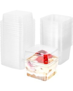 50Pcs Plastic Dessert Cups 8oz Clear Square Single Dessert Box Sealed Cake Storage Box for Muffins Cupcake Pudding Mousse Party