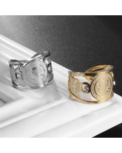 Stainless Steel Catholic Exorcist Saint Benedict Religious Adjustable Size Ring Christian Religious Prayer Jewelry for Men Women