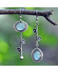 Vintage Round Blue Stone Flower Earrings Classic Simplicity Metal Silver Color Dangle Earrings for Women Jewelry