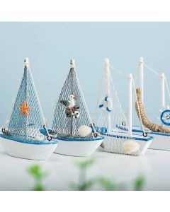 1pc Mini Mediterranean Style Marine Nautical Wooden Blue Sailing Boat Ship Wood Crafts Ornaments Party Room Home Decoration