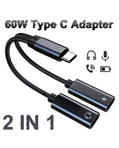 New 2 IN USB C Type C Splitter to Dual Type USB C Headphone Jack Audio Adapter Fast Charging 60W for Samsung iPhone 15 Huawei