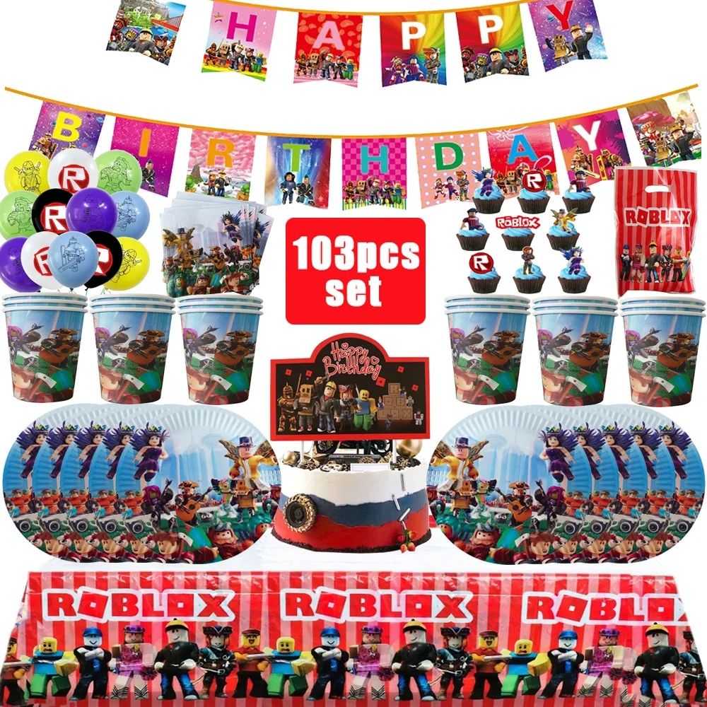 Roblox Birthday Party Decoration Roblox Game Set Tableware Tablecloth Balloon Cake Topper Backdrop Baby Showe Toy Party Supplies
